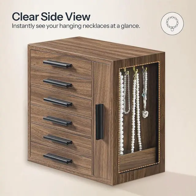Alt view image 7 of 7 - Jewelry Box for Women and Jewelry Organizer Bundle, Wooden Jewelry Box, Jewelry Case with Side Transparent Window, for Earring, Necklace, Bracelet, Ring BH09JB04-BH12JB04