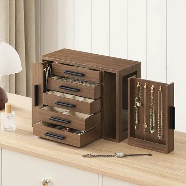 Alt view image 7 of 7 - Jewelry Box with Mirror and 5-Tier Jewelry Box Bundle, Travel Jewelry Organizer with Glass Window, Jewelry Storage Box with 2 Vertical Drawers, WT03JB04G2-BH19JB04