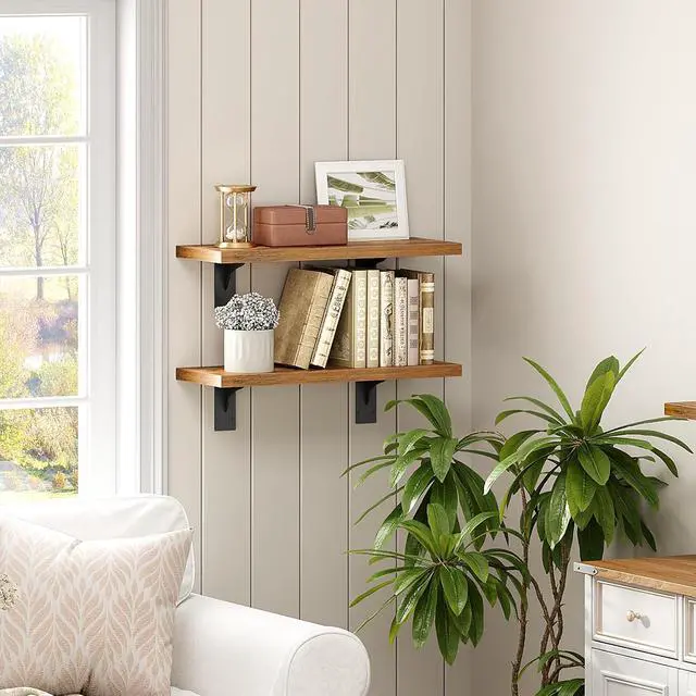 Alt view image 7 of 7 - Floating Shelves for Wall, 15.7" Wall Mounted Shelves Set of 2, Hanging Storage Shelf with Metal Brackets, Wooden Shelf for Living Room, Bedroom, Bathroom, Rustic Brown and Black BF42BJP201G1