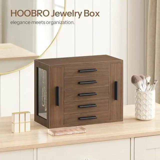 Alt view image 6 of 7 - Jewelry Box with Mirror and 5-Tier Jewelry Box Bundle, Travel Jewelry Organizer with Glass Window, Jewelry Storage Box with 2 Vertical Drawers, WT03JB04G2-BH19JB04