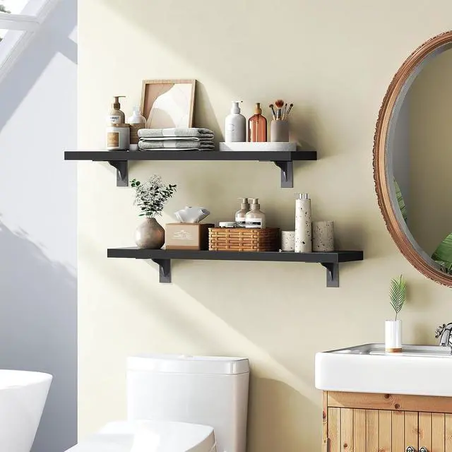 Alt view image 4 of 7 - Floating Shelves for Wall, 23.6" Wall Mounted Shelves Set of 2, Hanging Storage Shelf with Metal Brackets, Wooden Shelf for Living Room, Bedroom, Bathroom, Black BK62BJP201G1