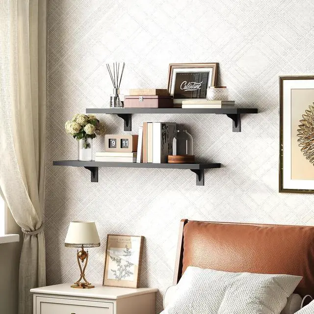 Alt view image 2 of 7 - Floating Shelves for Wall, 23.6" Wall Mounted Shelves Set of 2, Hanging Storage Shelf with Metal Brackets, Wooden Shelf for Living Room, Bedroom, Bathroom, Black BK62BJP201G1