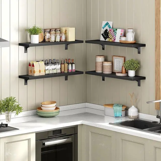 Alt view image 5 of 7 - Floating Shelves for Wall, 23.6" Wall Mounted Shelves Set of 2, Hanging Storage Shelf with Metal Brackets, Wooden Shelf for Living Room, Bedroom, Bathroom, Black BK62BJP201G1