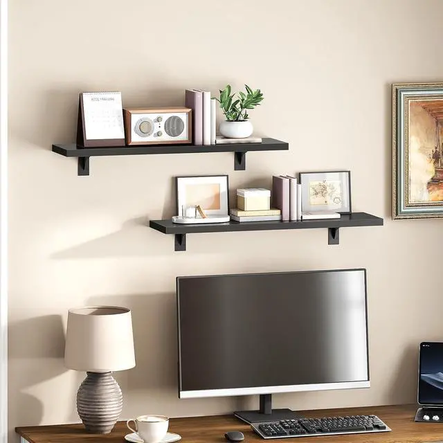 Alt view image 7 of 7 - Floating Shelves for Wall, 23.6" Wall Mounted Shelves Set of 2, Hanging Storage Shelf with Metal Brackets, Wooden Shelf for Living Room, Bedroom, Bathroom, Black BK62BJP201G1