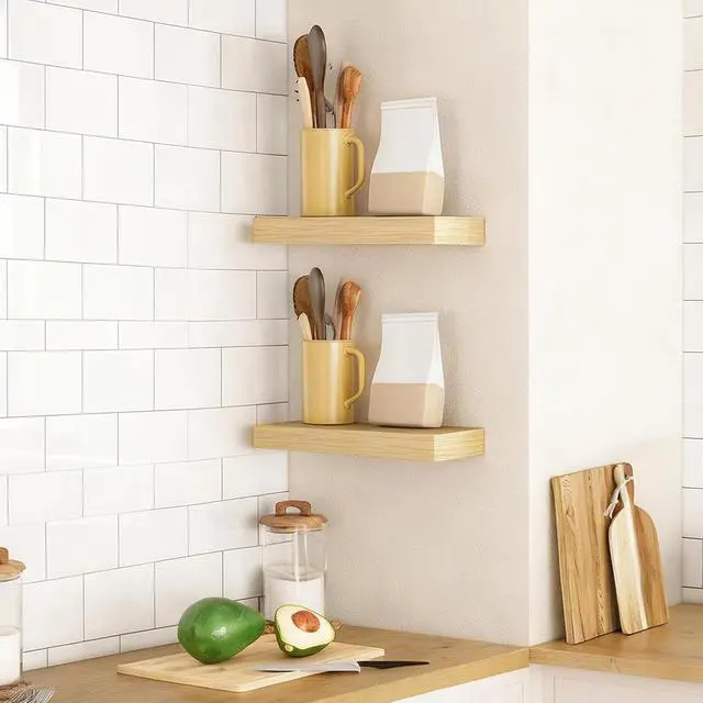 Alt view image 6 of 7 - Floating Shelves for Wall, Wall Mounted Shelf Set of 2, 15.7" Hanging Shelf with Invisible Brackets, for Wall Decor Storage in Bathroom Bedroom Kitchen Living Room Office, Natural NL40BJ01