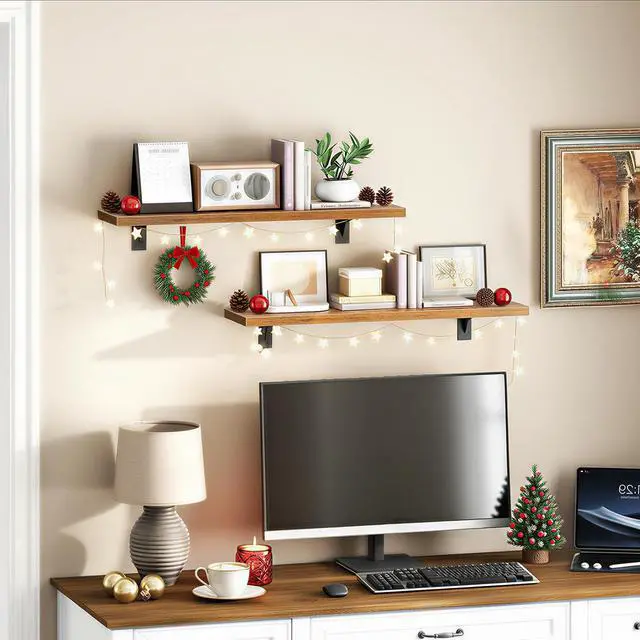 Alt view image 2 of 7 - Floating Shelves for Wall, 23.6" Wall Mounted Shelves Set of 2, Hanging Storage Shelf with Metal Brackets, Wooden Shelf for Living Room, Bedroom, Bathroom, Rustic Brown and Black BF62BJP201G1