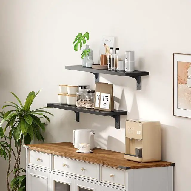 Alt view image 6 of 7 - Floating Shelves for Wall, 23.6" Wall Mounted Shelves Set of 2, Hanging Storage Shelf with Metal Brackets, Wooden Shelf for Living Room, Bedroom, Bathroom, Black BK62BJP201G1