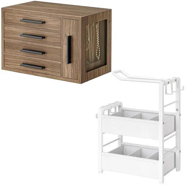 Main image of Jewelry Box for Women, Wooden Jewelry Organizer with Transparent Window and Headband Holder for Girls Women, Hair Accessories Organizer Bundle, BSD09JB04-WW02HS04