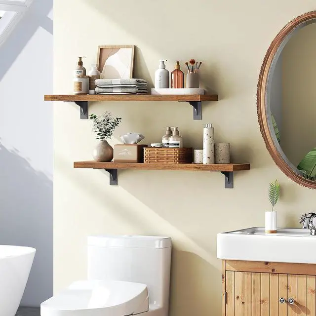 Alt view image 4 of 7 - Floating Shelves for Wall, 23.6" Wall Mounted Shelves Set of 2, Hanging Storage Shelf with Metal Brackets, Wooden Shelf for Living Room, Bedroom, Bathroom, Rustic Brown and Black BF62BJP201G1