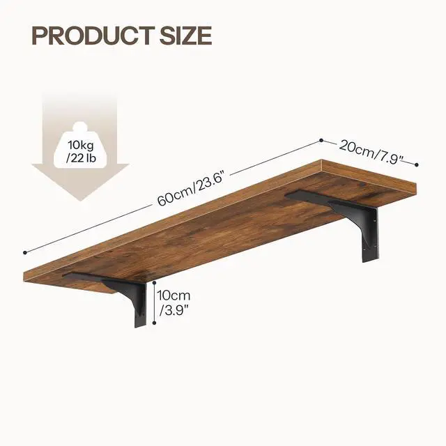 Alt view image 3 of 7 - Floating Shelves for Wall, 23.6" Wall Mounted Shelves Set of 2, Hanging Storage Shelf with Metal Brackets, Wooden Shelf for Living Room, Bedroom, Bathroom, Rustic Brown and Black BF62BJP201G1