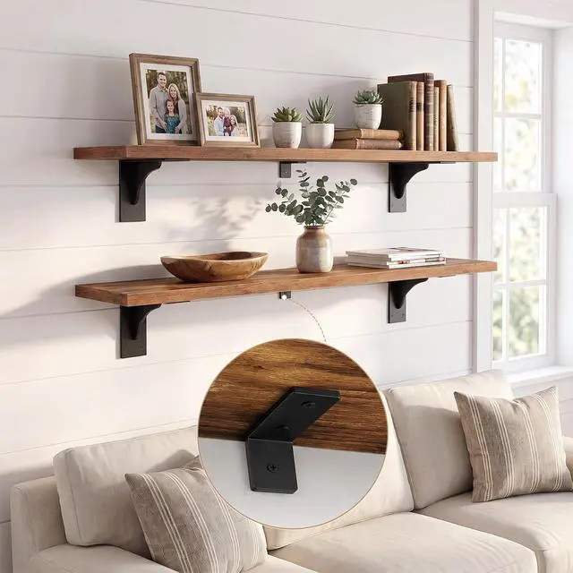 Alt view image 7 of 7 - Floating Shelves for Wall, 39.4" Wall Mounted Shelves Set of 2 | Hanging Storage Shelf with Metal Brackets, wooden shelf for Living Room, Bedroom, Bathroom, Rustic Brown and Black