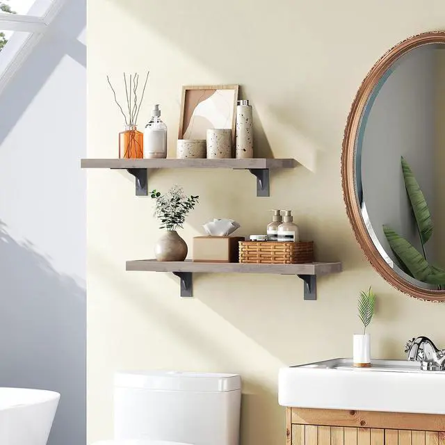 Alt view image 2 of 7 - Floating Shelves for Wall, 15.7" Wall Mounted Shelves Set of 2 | Hanging Storage Shelf with Metal Brackets, Wooden Shelf for Living Room, Bedroom, Bathroom, Greige and Black