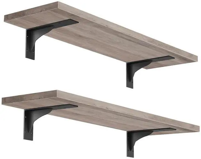 Main image of Floating Shelves for Wall, 15.7" Wall Mounted Shelves Set of 2 | Hanging Storage Shelf with Metal Brackets, Wooden Shelf for Living Room, Bedroom, Bathroom, Greige and Black