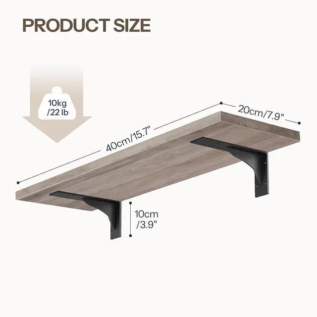 Alt view image 3 of 7 - Floating Shelves for Wall, 15.7" Wall Mounted Shelves Set of 2 | Hanging Storage Shelf with Metal Brackets, Wooden Shelf for Living Room, Bedroom, Bathroom, Greige and Black