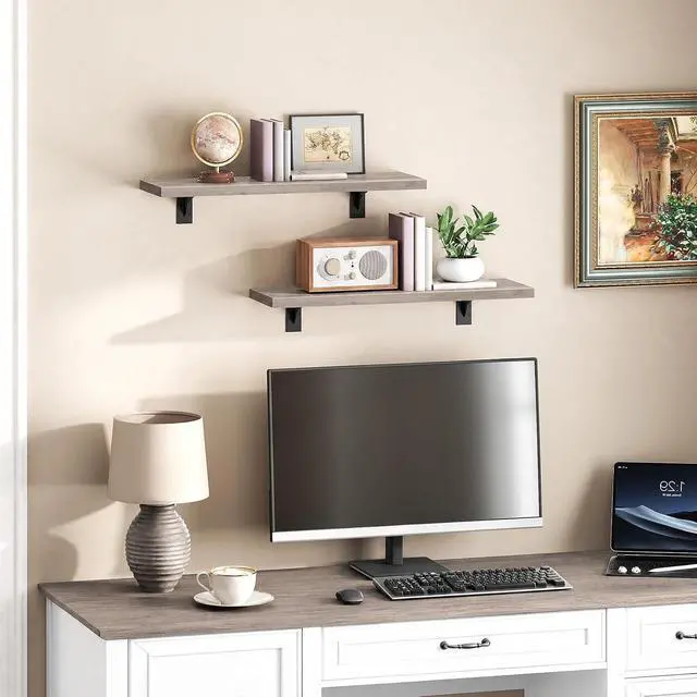 Alt view image 4 of 7 - Floating Shelves for Wall, 15.7" Wall Mounted Shelves Set of 2 | Hanging Storage Shelf with Metal Brackets, Wooden Shelf for Living Room, Bedroom, Bathroom, Greige and Black