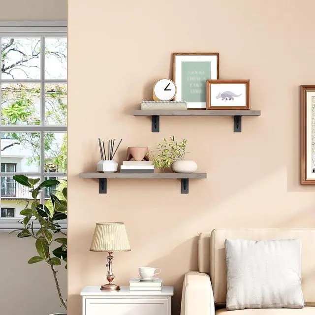 Alt view image 6 of 7 - Floating Shelves for Wall, 15.7" Wall Mounted Shelves Set of 2 | Hanging Storage Shelf with Metal Brackets, Wooden Shelf for Living Room, Bedroom, Bathroom, Greige and Black