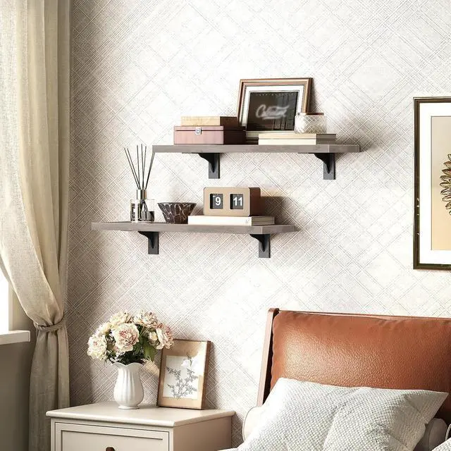 Alt view image 7 of 7 - Floating Shelves for Wall, 15.7" Wall Mounted Shelves Set of 2 | Hanging Storage Shelf with Metal Brackets, Wooden Shelf for Living Room, Bedroom, Bathroom, Greige and Black
