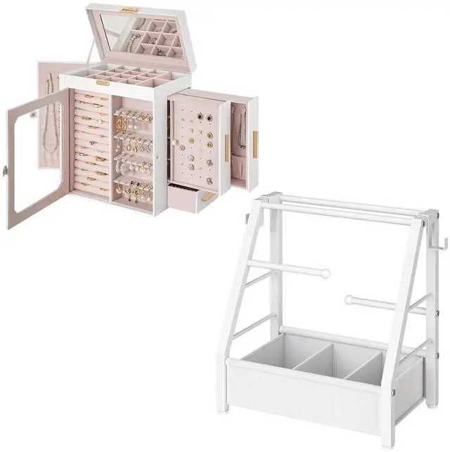Main image of Jewelry Box with Mirror, Travel Jewelry Organizer with Glass Window and Headband Holder Stand for Girls Women, Hair Accessories Organizer Bundle, WT03JB04G2-WW01HS04
