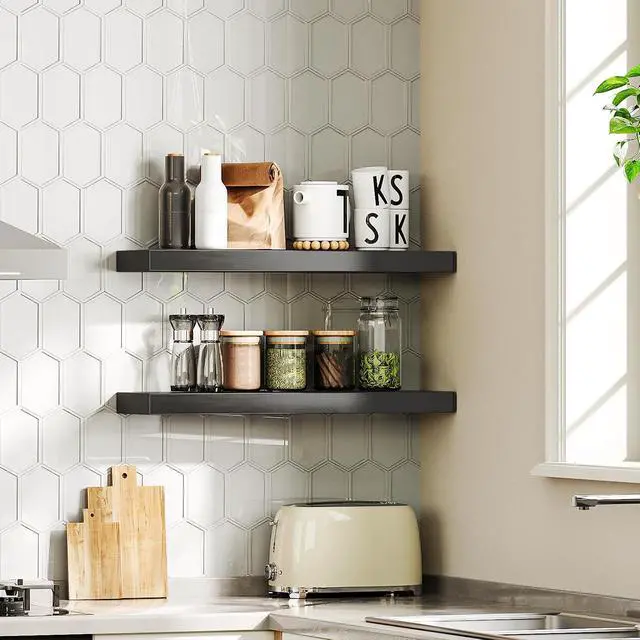 Alt view image 4 of 7 - Floating Shelves for Wall, Wall Mounted Shelf Set of 2, 23.6" Hanging Shelf with Invisible Brackets, for Wall Decor Storage in Bathroom Bedroom Kitchen Living Room Office, Black BK60BJ01