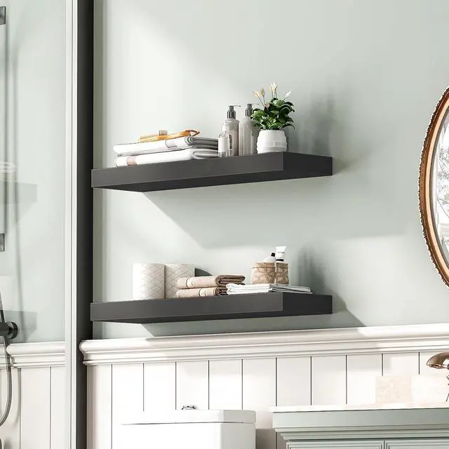 Alt view image 5 of 7 - Floating Shelves for Wall, Wall Mounted Shelf Set of 2, 23.6" Hanging Shelf with Invisible Brackets, for Wall Decor Storage in Bathroom Bedroom Kitchen Living Room Office, Black BK60BJ01