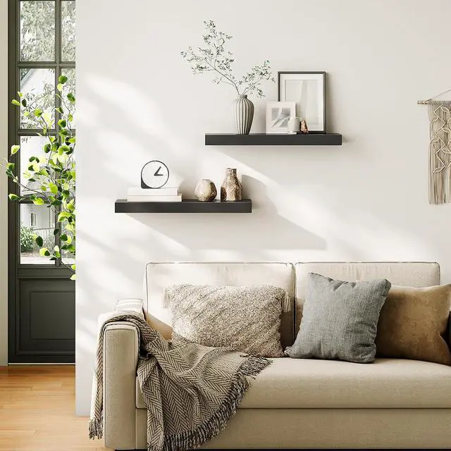 Alt view image 2 of 7 - Floating Shelves for Wall, Wall Mounted Shelf Set of 2, 23.6" Hanging Shelf with Invisible Brackets, for Wall Decor Storage in Bathroom Bedroom Kitchen Living Room Office, Black BK60BJ01
