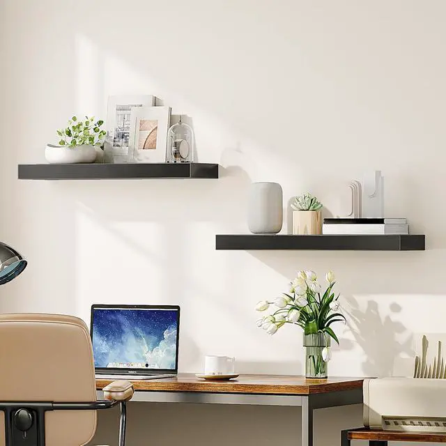Alt view image 6 of 7 - Floating Shelves for Wall, Wall Mounted Shelf Set of 2, 23.6" Hanging Shelf with Invisible Brackets, for Wall Decor Storage in Bathroom Bedroom Kitchen Living Room Office, Black BK60BJ01