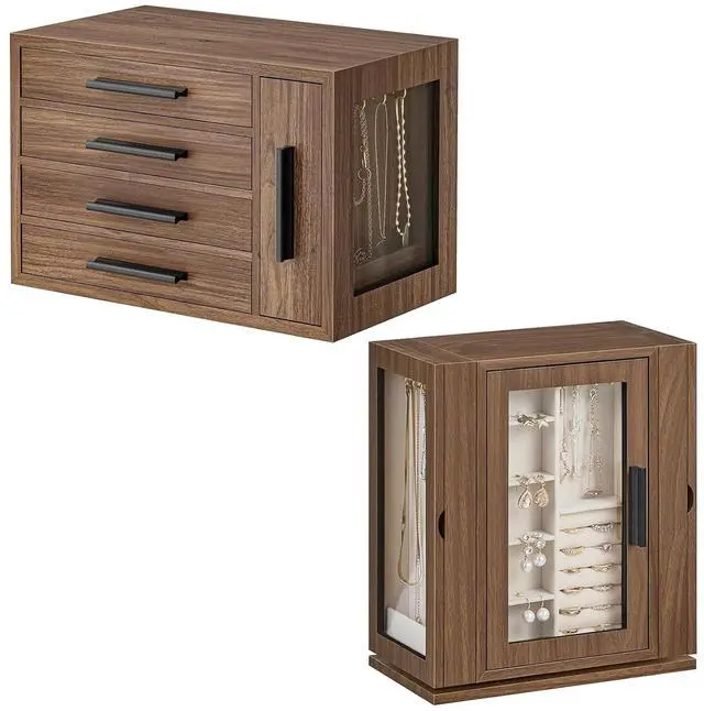 Main image of Jewelry Box for Women, Wooden Jewelry Organizer with Transparent Window and 360° Rotating Jewelry Box, Wooden Jewelry Organizer Bundle, BH09JB04-BH30JB04