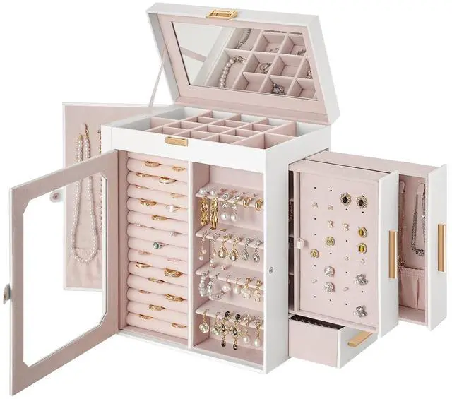 Main image of Jewelry Box with Mirror, Travel Jewelry Organizer with Glass Window, Jewelry Storage Case, Vertical Storage, Gift for Loved Ones, for Earrings, Rings, Necklaces, Bracelets, White WT03JB04G2