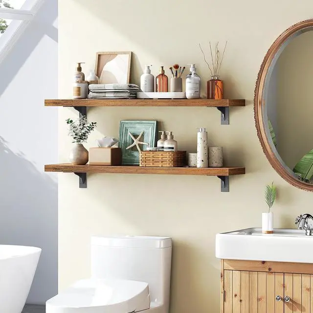 Alt view image 2 of 7 - Floating Shelves for Wall, 31.5" Wall Mounted Shelves Set of 2, Hanging Storage Shelf with Metal Brackets, Wooden Shelf for Living Room, Bedroom, Bathroom, Rustic Brown and Black BF82BJP201G1