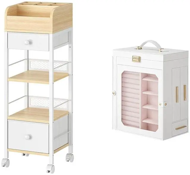 Main image of Jewelry Box for Women and Mobile Makeup Storage with Swivel Casters and Leveling Feet Bundles, Cosmetics Display Holder, for Earrings, Rings, Necklaces, Bracelets WT03JB04G2- WN20TC04