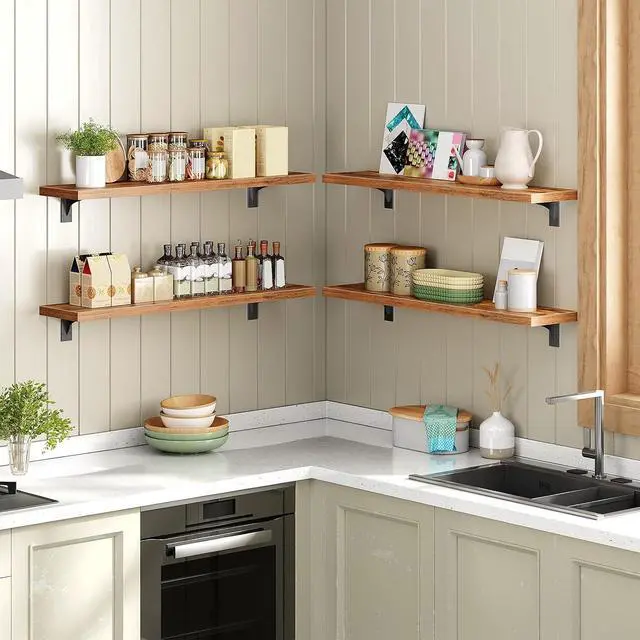 Alt view image 4 of 7 - Floating Shelves for Wall, 31.5" Wall Mounted Shelves Set of 2, Hanging Storage Shelf with Metal Brackets, Wooden Shelf for Living Room, Bedroom, Bathroom, Rustic Brown and Black BF82BJP201G1