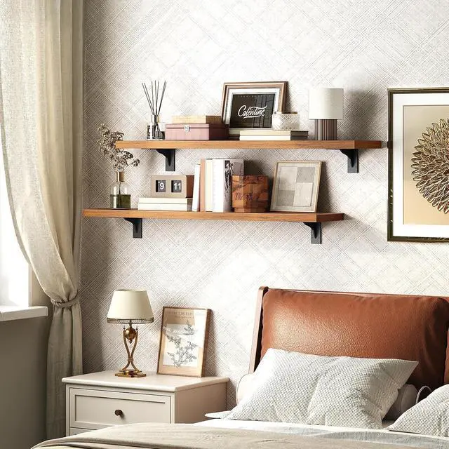 Alt view image 5 of 7 - Floating Shelves for Wall, 31.5" Wall Mounted Shelves Set of 2, Hanging Storage Shelf with Metal Brackets, Wooden Shelf for Living Room, Bedroom, Bathroom, Rustic Brown and Black BF82BJP201G1