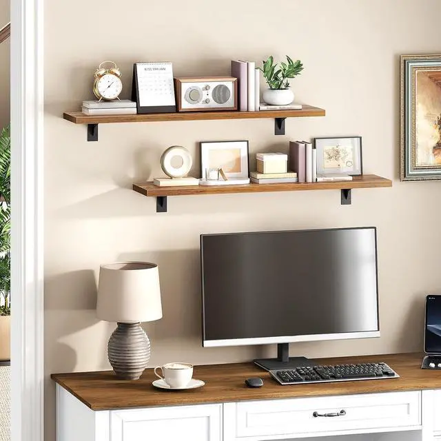 Alt view image 7 of 7 - Floating Shelves for Wall, 31.5" Wall Mounted Shelves Set of 2, Hanging Storage Shelf with Metal Brackets, Wooden Shelf for Living Room, Bedroom, Bathroom, Rustic Brown and Black BF82BJP201G1