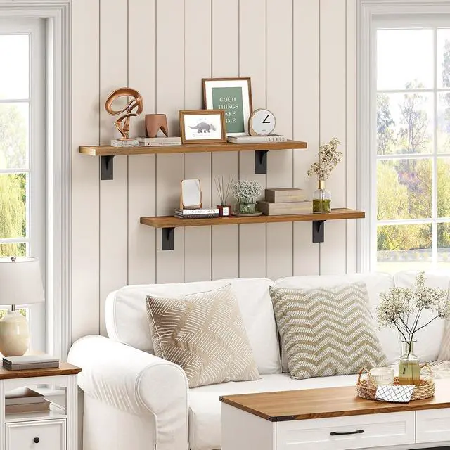 Alt view image 6 of 7 - Floating Shelves for Wall, 31.5" Wall Mounted Shelves Set of 2, Hanging Storage Shelf with Metal Brackets, Wooden Shelf for Living Room, Bedroom, Bathroom, Rustic Brown and Black BF82BJP201G1