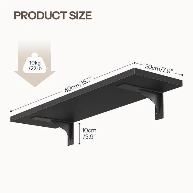 Alt view image 3 of 7 - Floating Shelves for Wall, 15.4" Wall Mounted Shelves Set of 2, Hanging Storage Shelf with Metal Brackets, Wooden Shelf for Living Room, Bedroom, Bathroom, Black BK42BJP201G1