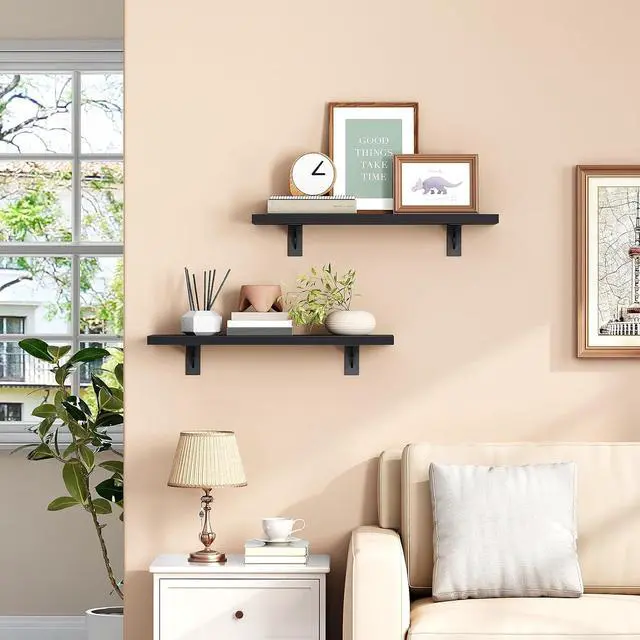 Alt view image 2 of 7 - Floating Shelves for Wall, 15.4" Wall Mounted Shelves Set of 2, Hanging Storage Shelf with Metal Brackets, Wooden Shelf for Living Room, Bedroom, Bathroom, Black BK42BJP201G1