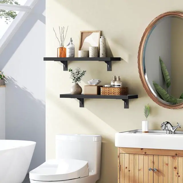 Alt view image 4 of 7 - Floating Shelves for Wall, 15.4" Wall Mounted Shelves Set of 2, Hanging Storage Shelf with Metal Brackets, Wooden Shelf for Living Room, Bedroom, Bathroom, Black BK42BJP201G1