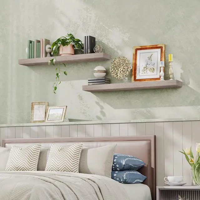 Alt view image 2 of 7 - Floating Shelves for Wall, Wall Mounted Shelf Set of 2, 47.2" Hanging Shelf with Invisible Brackets, for Wall Decor Storage in Bathroom Bedroom Kitchen Living Room Office, Greige BG120BJP201