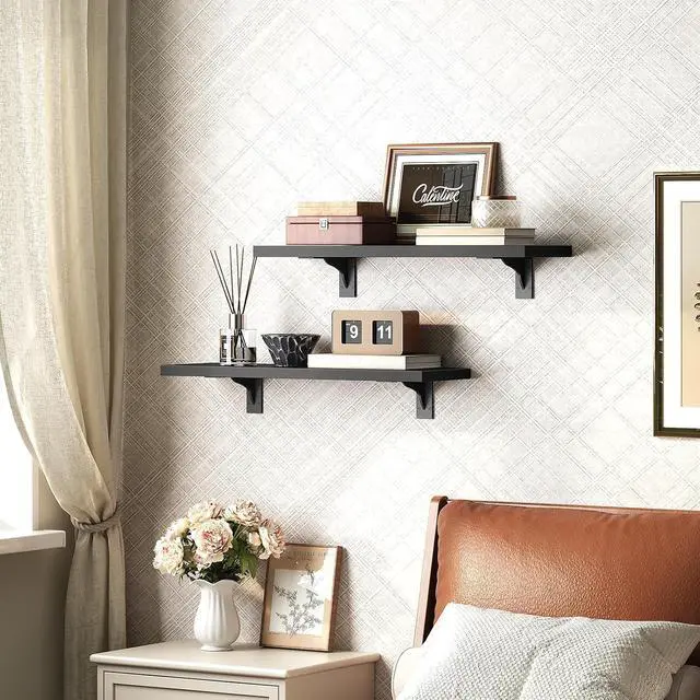Alt view image 5 of 7 - Floating Shelves for Wall, 15.4" Wall Mounted Shelves Set of 2, Hanging Storage Shelf with Metal Brackets, Wooden Shelf for Living Room, Bedroom, Bathroom, Black BK42BJP201G1