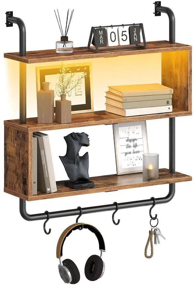 Main image of Floating Shelves with LED Lights, 29.5" LED Wall Mounted Gaming Shelf, 3-Tier Pipe Display Rack with Hanging Rod and 4 S-Hooks, for Storage Livingroom, Bedroom, Rustic Brown and Black BF21DBJ01