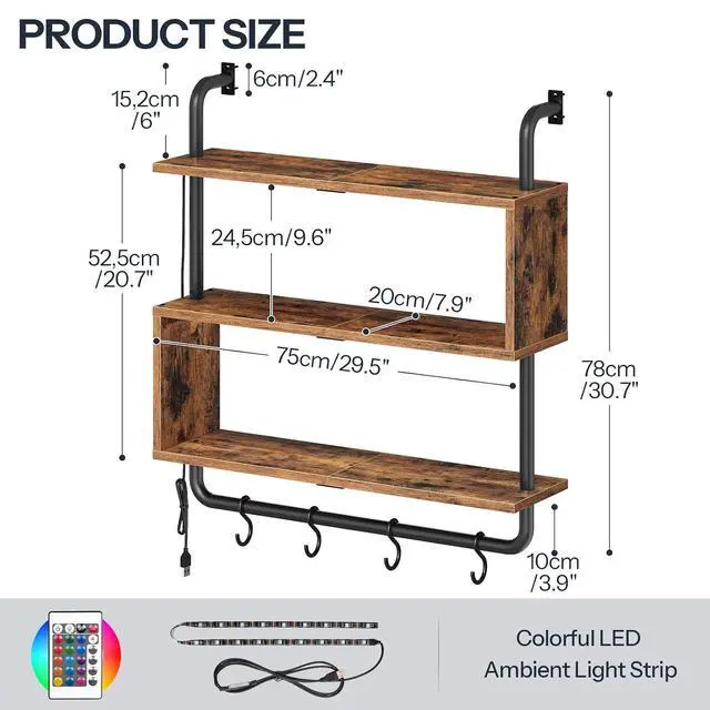 Alt view image 3 of 7 - Floating Shelves with LED Lights, 29.5" LED Wall Mounted Gaming Shelf, 3-Tier Pipe Display Rack with Hanging Rod and 4 S-Hooks, for Storage Livingroom, Bedroom, Rustic Brown and Black BF21DBJ01