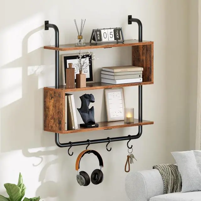 Alt view image 4 of 7 - Floating Shelves with LED Lights, 29.5" LED Wall Mounted Gaming Shelf, 3-Tier Pipe Display Rack with Hanging Rod and 4 S-Hooks, for Storage Livingroom, Bedroom, Rustic Brown and Black BF21DBJ01