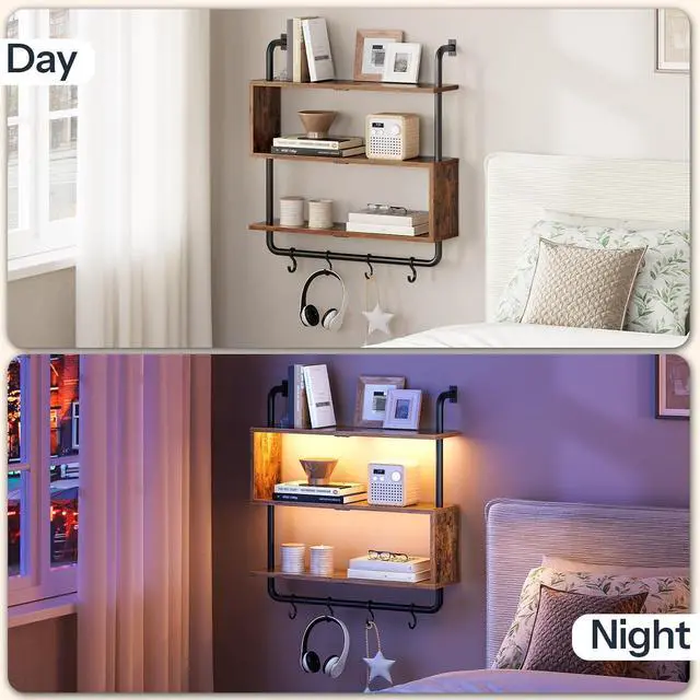 Alt view image 5 of 7 - Floating Shelves with LED Lights, 29.5" LED Wall Mounted Gaming Shelf, 3-Tier Pipe Display Rack with Hanging Rod and 4 S-Hooks, for Storage Livingroom, Bedroom, Rustic Brown and Black BF21DBJ01