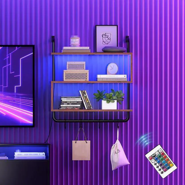 Alt view image 7 of 7 - Floating Shelves with LED Lights, 29.5" LED Wall Mounted Gaming Shelf, 3-Tier Pipe Display Rack with Hanging Rod and 4 S-Hooks, for Storage Livingroom, Bedroom, Rustic Brown and Black BF21DBJ01