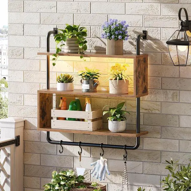 Alt view image 2 of 7 - Floating Shelves with LED Lights, 29.5" LED Wall Mounted Gaming Shelf, 3-Tier Pipe Display Rack with Hanging Rod and 4 S-Hooks, for Storage Livingroom, Bedroom, Rustic Brown and Black BF21DBJ01