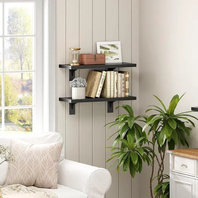 Alt view image 7 of 7 - Floating Shelves for Wall, 15.4" Wall Mounted Shelves Set of 2, Hanging Storage Shelf with Metal Brackets, Wooden Shelf for Living Room, Bedroom, Bathroom, Black BK42BJP201G1