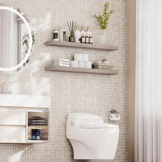 Alt view image 4 of 7 - Floating Shelves for Wall, Wall Mounted Shelf Set of 2, 47.2" Hanging Shelf with Invisible Brackets, for Wall Decor Storage in Bathroom Bedroom Kitchen Living Room Office, Greige BG120BJP201
