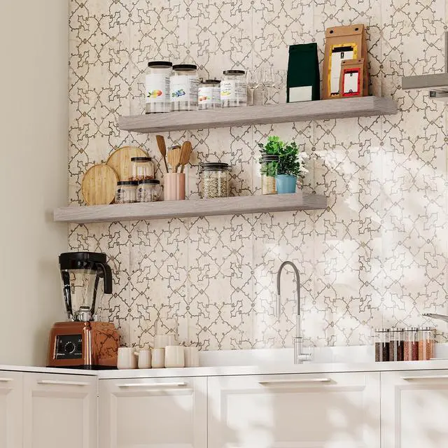 Alt view image 6 of 7 - Floating Shelves for Wall, Wall Mounted Shelf Set of 2, 47.2" Hanging Shelf with Invisible Brackets, for Wall Decor Storage in Bathroom Bedroom Kitchen Living Room Office, Greige BG120BJP201