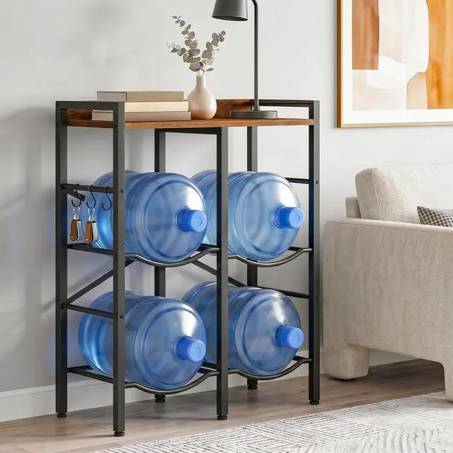 Alt view image 2 of 7 - 5 Gallon Water Jug Holder 4 Bottles, Water Jug Rack, 2 Tier Water Bottle Holder with X-Shape Reinforcement, for Kitchen, Living Room, Office, Rustic Brown and Black BF04ST01