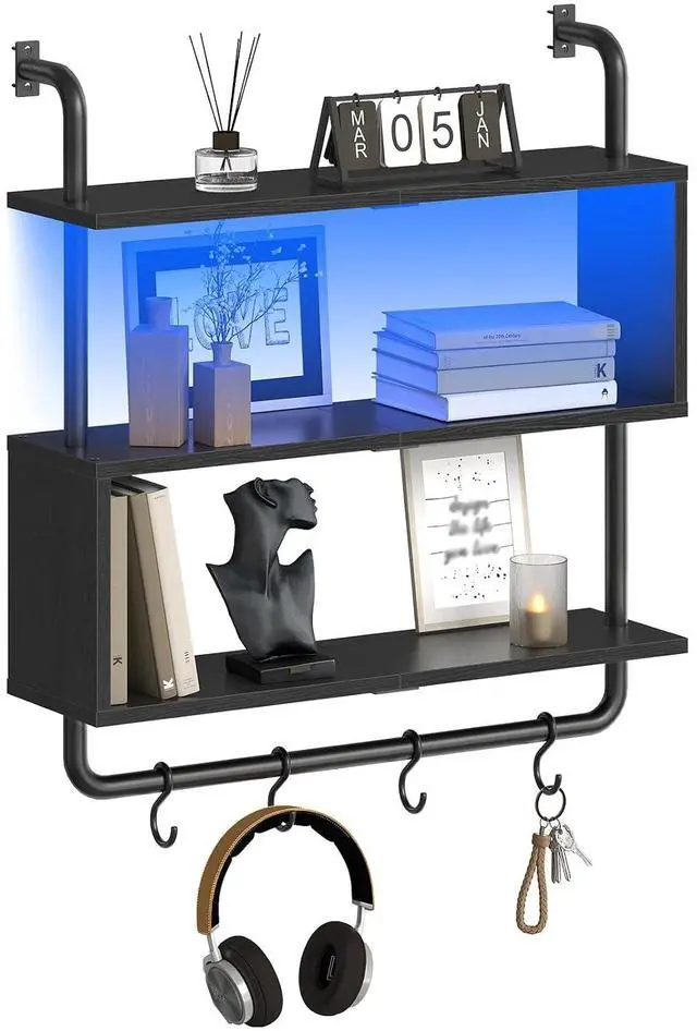 Main image of Floating Shelves with LED Lights, 29.5" LED Wall Mounted Gaming Shelf, 3-Tier Pipe Display Rack with Hanging Rod and 4 S-Hooks, for Storage Livingroom, Bedroom, Kitchen, Black BB21DBJ01